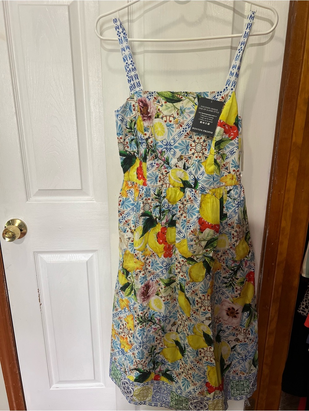 Boston Proper Lemon & Floral Midi Dress in Yellow, Blue and Green